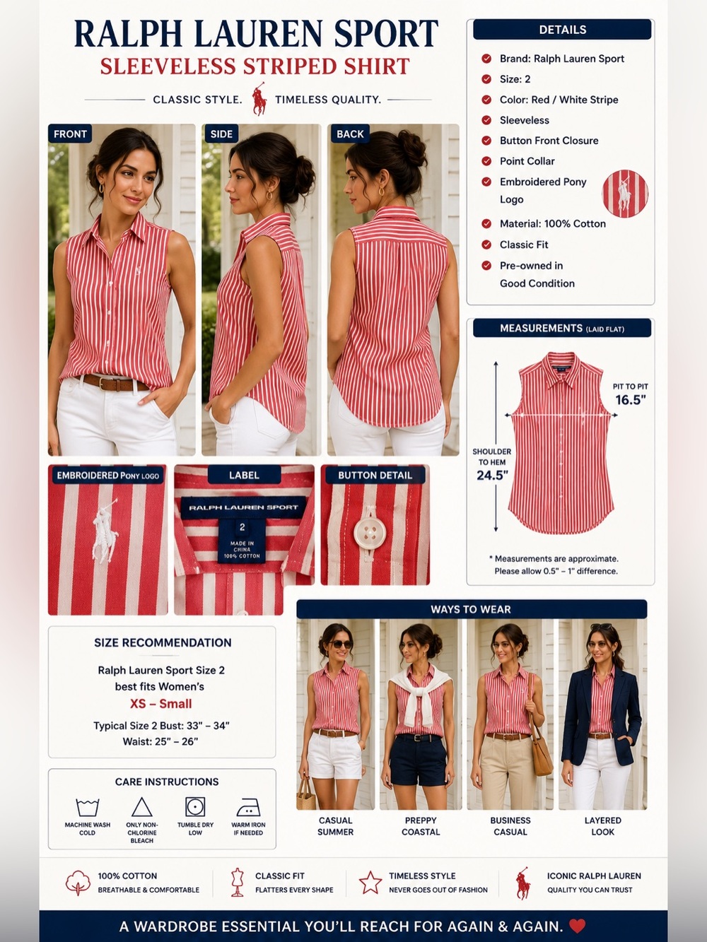 Ralph Lauren Sport Women's Red White Striped Sleeveless Button Up Shirt Size 2